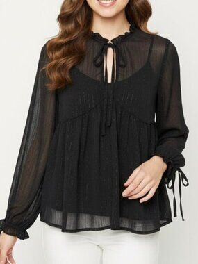 High Street Black Sheer Metallic Pinstripe Blouse | Tie Neck Babydoll Top Small